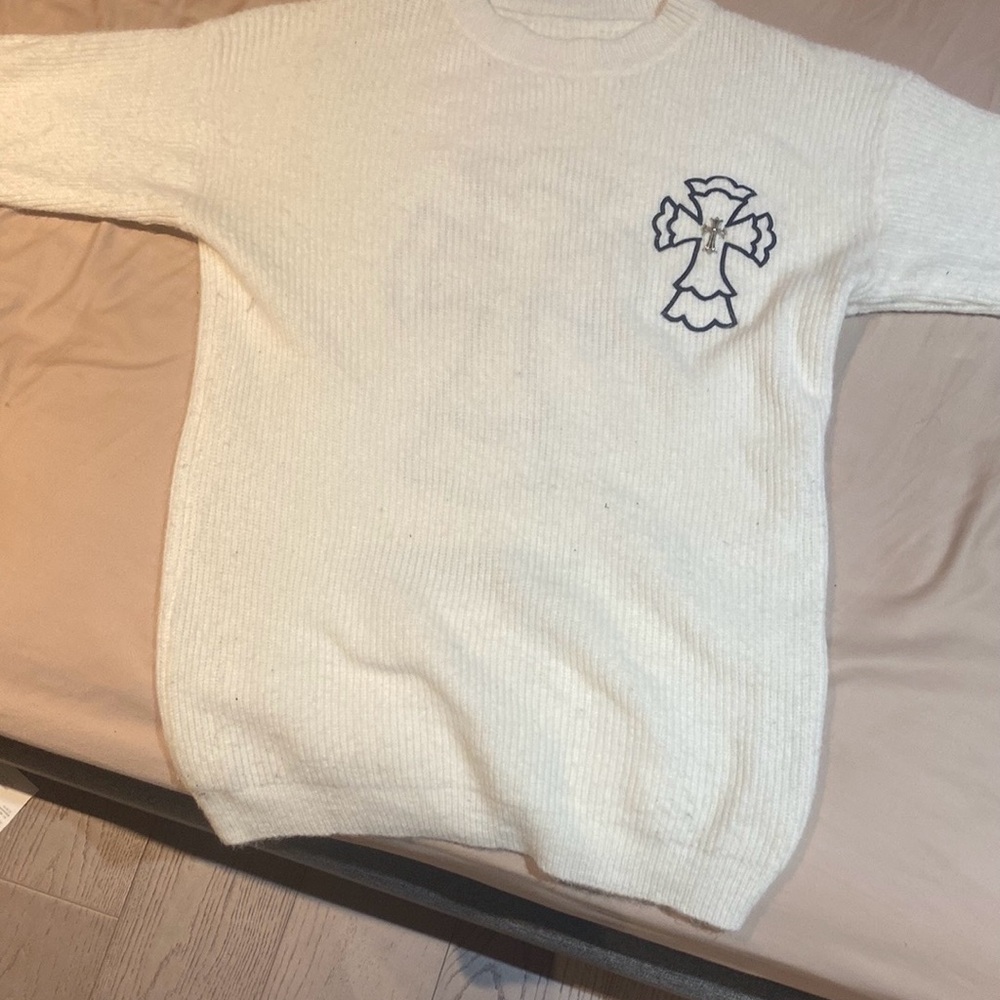 Chrome Hearts White Crewneck Sweater with Cross Emblem